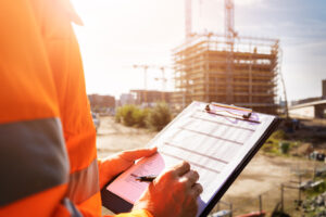 OSHA inspection worker at construction site inspecting proper rules and regulations procedures